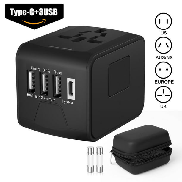 AU Black for UK All in One Universal Power Adapter with 4 Quick Charge USB 3.0 Ports Travel Adapter Over 150 Countries EU 2000W International Power Adapter US
